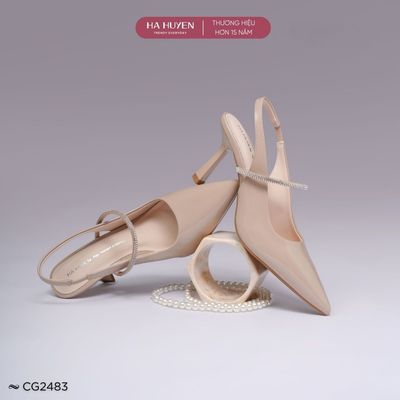 Giày cao gót Slingback nữ HÀ HUYỀN da bóng trơn mũi nhọn quai hậu gót nhọn 7cm - CG2483