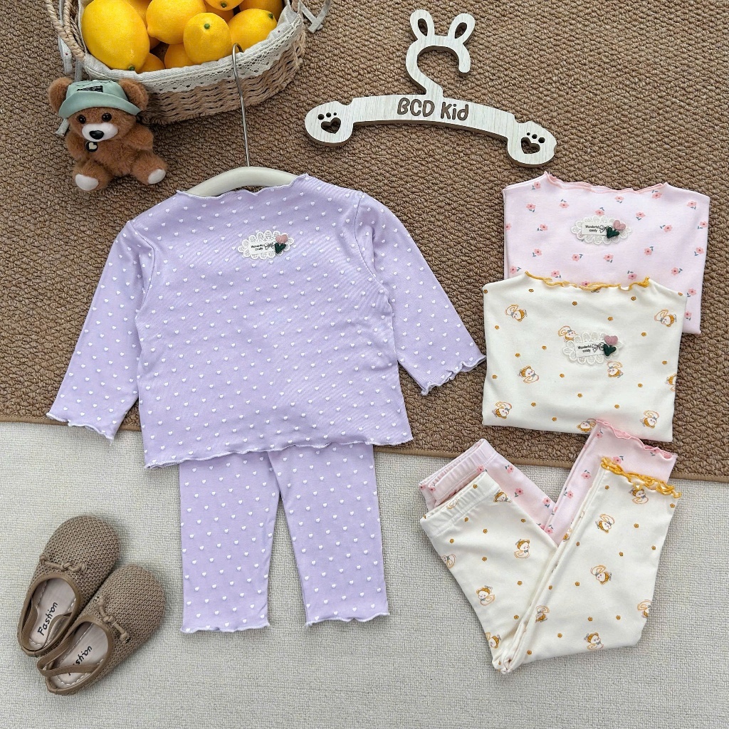 Bộ Quần Áo Thu Đông Cho Bé Gái Thun Tăm Co Giãn Mềm Mịn Đính Tag Ren Xinh Xắn Size 90-150