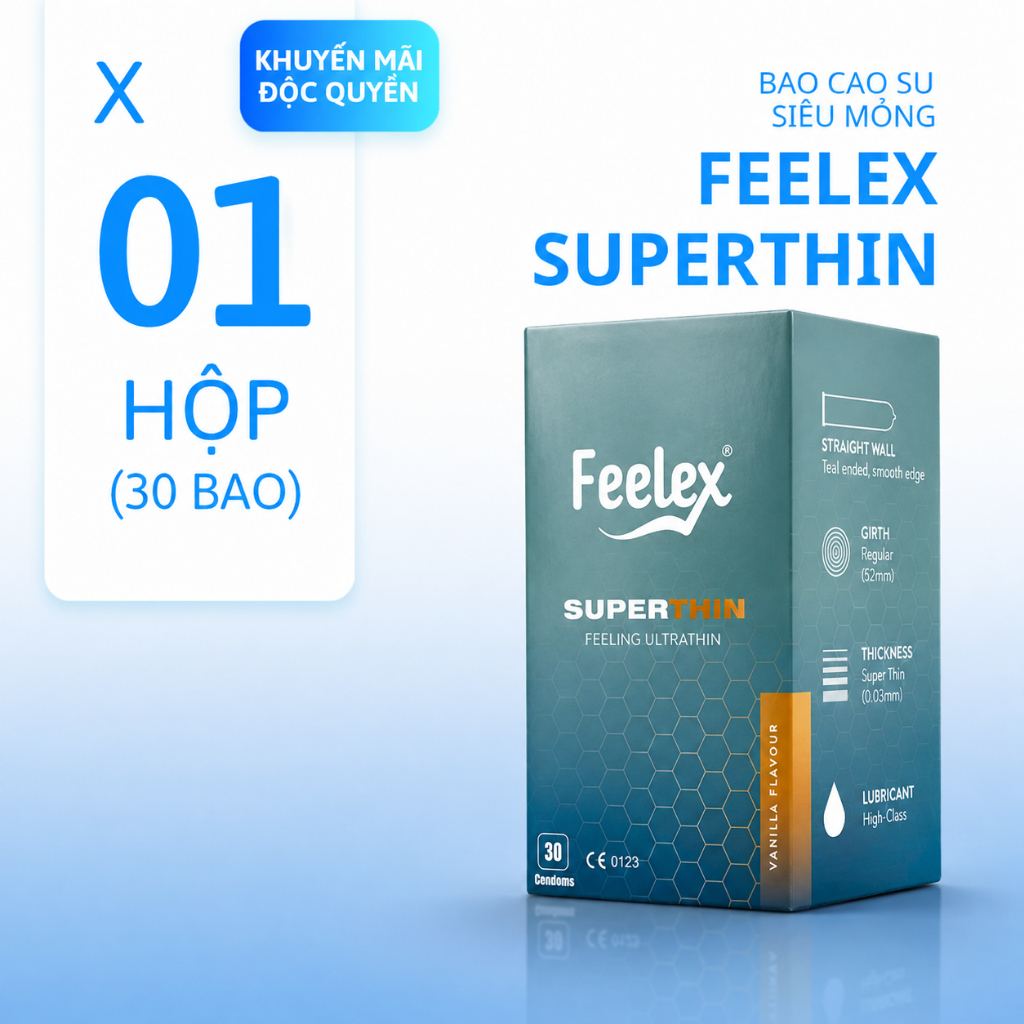 [CAO CẤP] Bao cao su siêu mỏng Hộp 30 chiếc Feelex Superthin ôm sát nhiều gel tăng khoái cảm