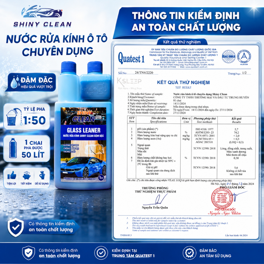Nước Rửa Kính Ô TÔ Shiny Clean [CHAI ĐẬM ĐẶC 1 LÍT] TỶ LỆ PHA 1-50, Nước Rửa Kính Chuyên Dụng Dành C