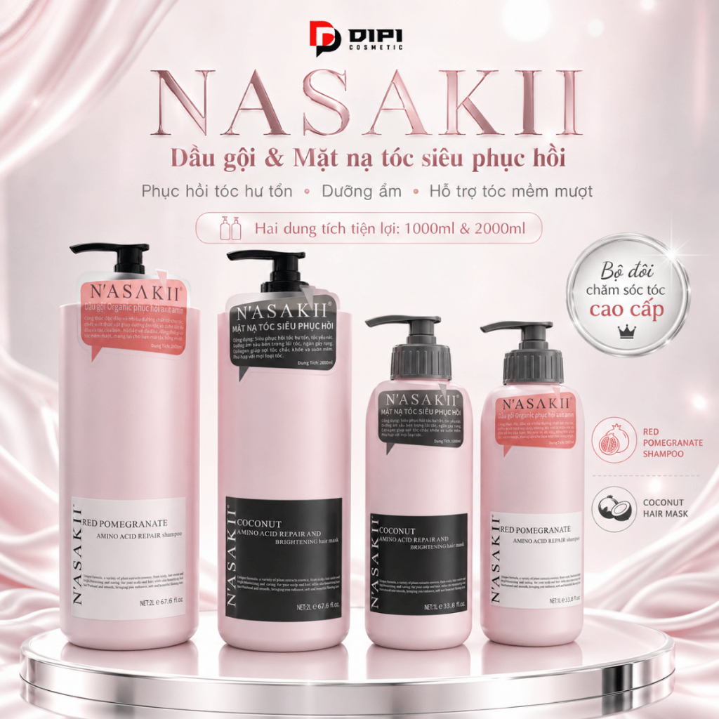 Cặp gội xả NASAKII lựu đỏ và dầu dừa phục hồi tóc khô xơ 1000ml/2000ml
