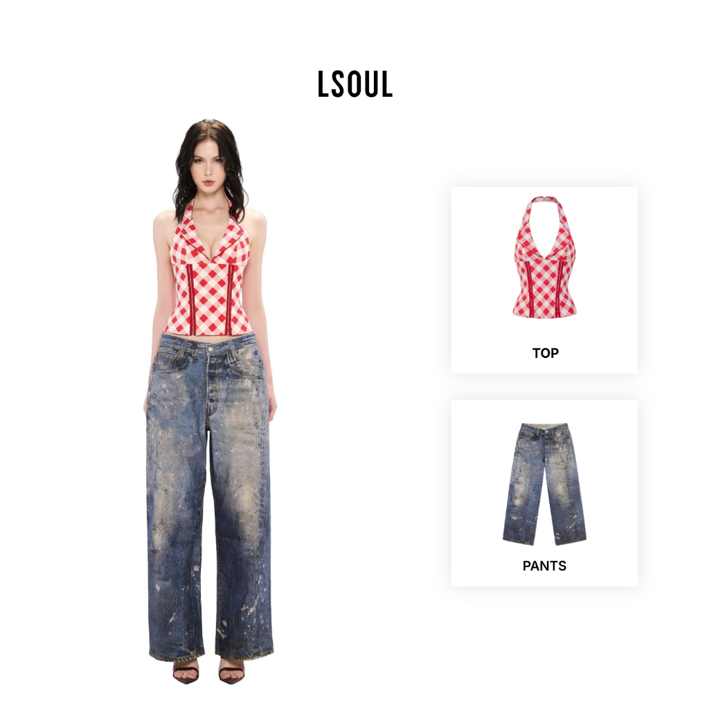 LSOUL Áo Corset Cổ Yếm Caro Đỏ Uzi Top + Quần Jeans Baggy Yeom Pants Ver 2 A25072829 J25070822