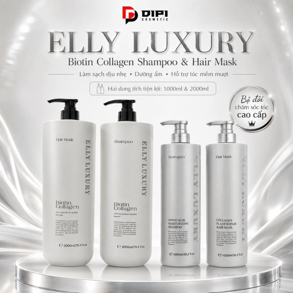 Bộ dầu gội và ủ Elly Luxury Biotin Collagen cấp ẩm, mềm mượt tóc 1000ml/2000ml