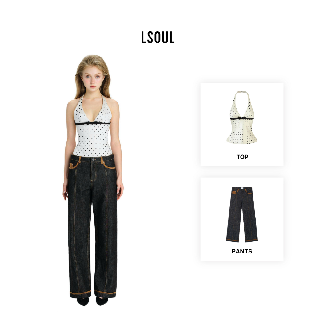 LSOUL Áo Corset Cổ Yếm Chấm Bi Phối Nơ Lio Top + Quần Jeans Ezzo Pants A26032895