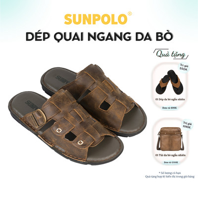 Dép Quai Ngang Nam Da Bò SUNPOLO AQN022 Đế Cao 3cm