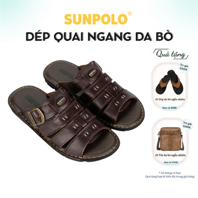Dép Quai Ngang Nam Da Bò SUNPOLO Nâu AQN006 Có Big size 44 45
