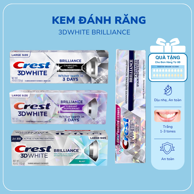 Kem đánh răng Crest 3D White Brilliance/Blash/Charcoal Tẩy trắng răng làm trắng răng an toàn hiệu qu