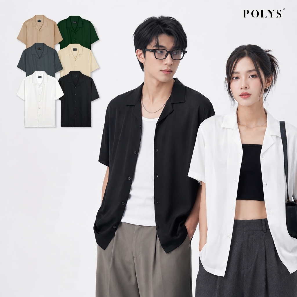 Áo sơ mi nam POLYS, Vải Chéo Thái 6 Màu dày dặn. Áo sơ mi tay ngắn Cổ Vest CUBAN SHIRT