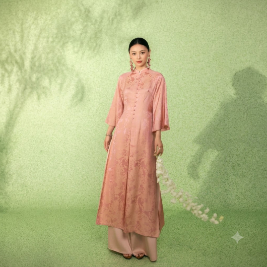 NEM FASHION Áo dài lụa hồng họa tiết AD02372