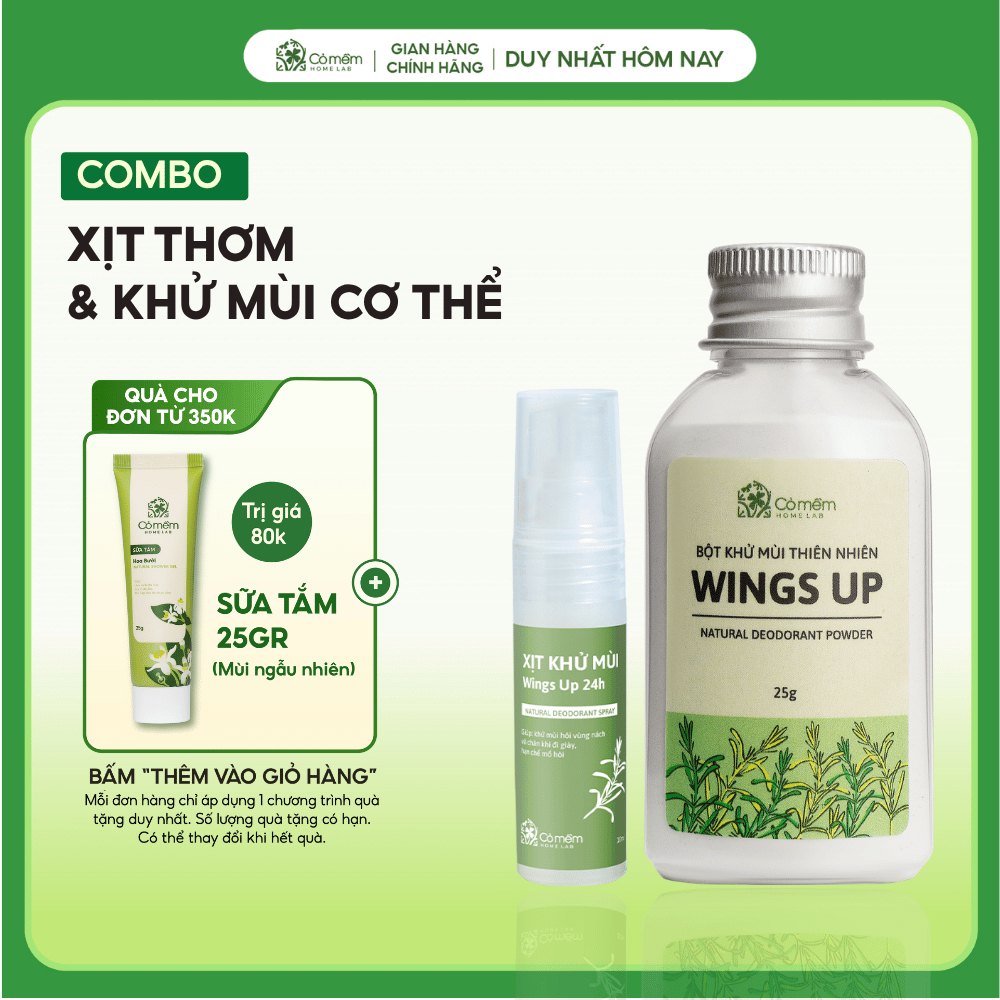 Combo Bột Khử Mùi Wings Up Và Xịt Cơ Thể Khử Mùi Hôi Kháng Khuẩn Cỏ Mềm