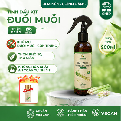 Tinh dầu Xịt Khử Mùi, Đuổi Muỗi Sả Chanh - Hoa Nén - Vegan - An toàn sức khoẻ - 200ml