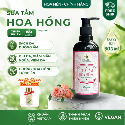 Sữa Tắm Hoa Hồng 300ml- Hoa Nén - Vegan - Làm sạch, dưỡng ẩm, giúp làn da tươi trẻ, sáng mịn