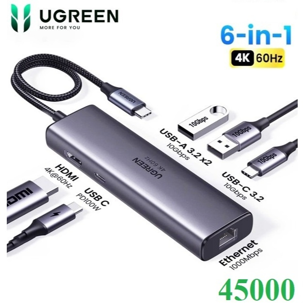 Thiết bị mở rộng USB Type-C 6 in 1 HDMI 4K@60Hz/Hub USB 3.0/LAN/PD 100W Ugreen 45000 cao cấp