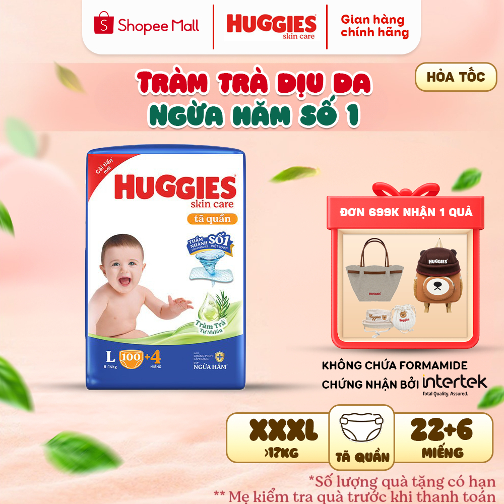Tã quần Huggies Skincare Mega Jumbo M102+4/L100+4/XL84+4/XXL76+4 Thoáng Mát Gấp 3 Lần, Giúp Làn Da B