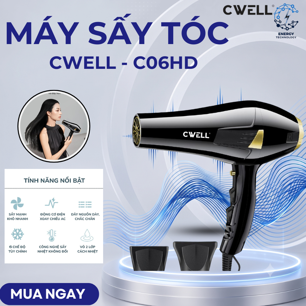 Máy sấy tóc CWELL C06HD, công suất 2500W  sấy tóc nhanh, khô đều, 3 mức nhiệt: Nóng – Ấm – Lạnh