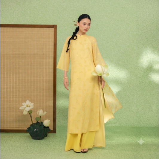 NEM FASHION Áo dài vàng hoa nhí AD02402