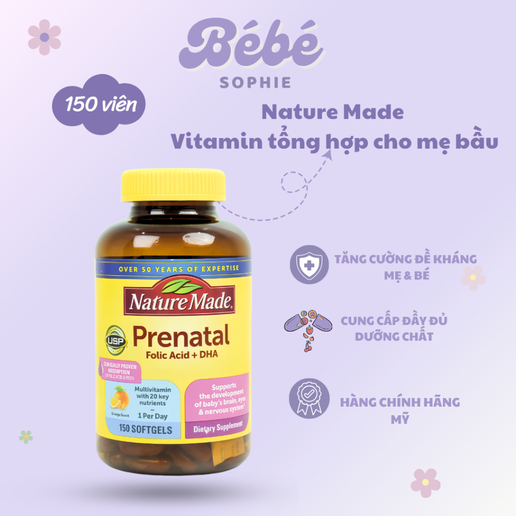 Vitamin tổng hợp mẹ bầu Nature Made Prenatal bổ sung Folic Acid + DHA + Canxi Mẹ và bé - Bebe Sophie