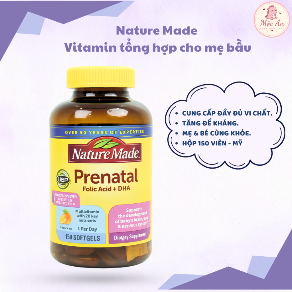 Nature Made Prenatal Folic Acid + DHA + CANXI + SẮT Vitamin tổng hợp cho mẹ bầu hộp 150 viên -Mộc an