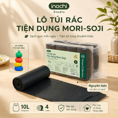 Lô 4 cuộn túi rác tự hủy inochi, thiết kế quai xách tiện lợi, tự hủy sinh học ngăn mùi hôi.