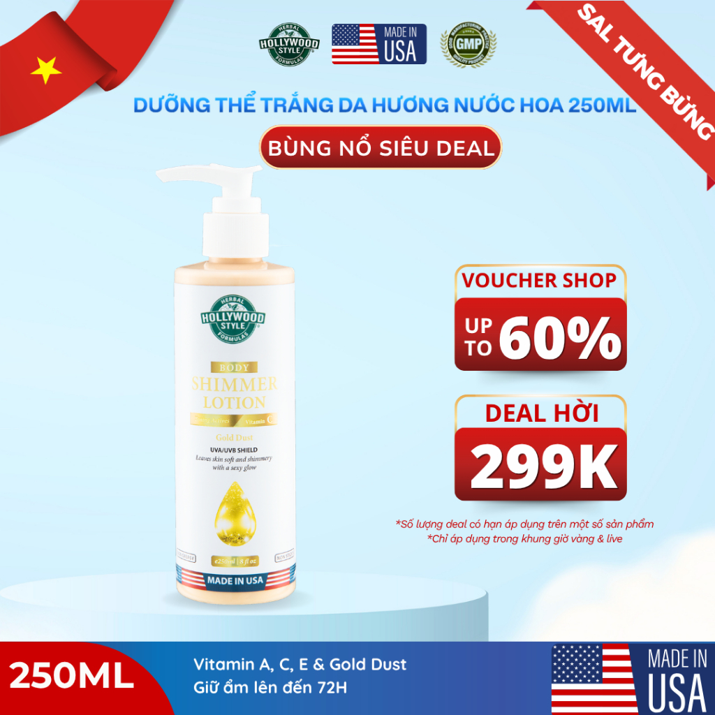 Sữa Dưỡng Thể Hollywood Style Ánh Nhũ Hương Nước Hoa, Cấp Ẩm Tức Thì & Tái Tạo Da 250ml