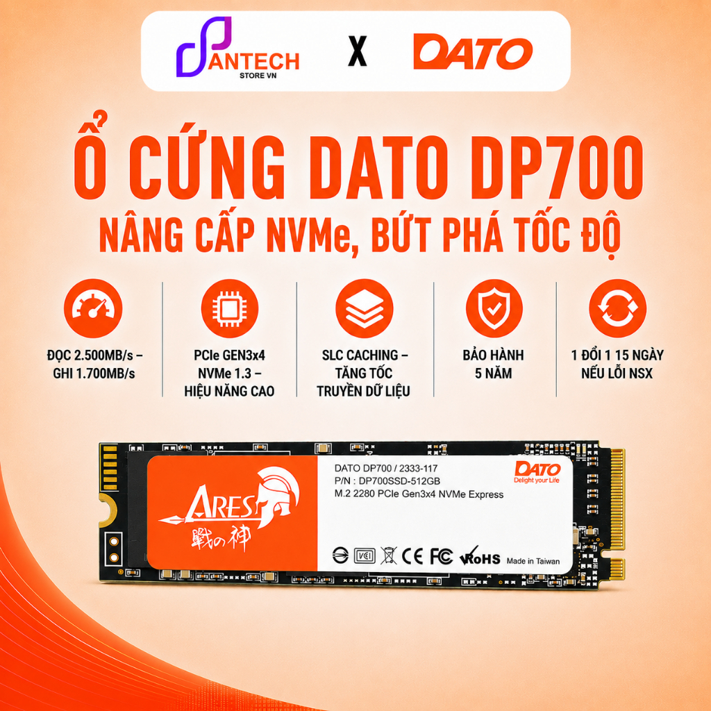 Ổ Cứng SSD DATO DP700 M.2 2280 PCIe Gen3x4 NVMe 512GB Đọc 2500MB/s - BH 5 Năm