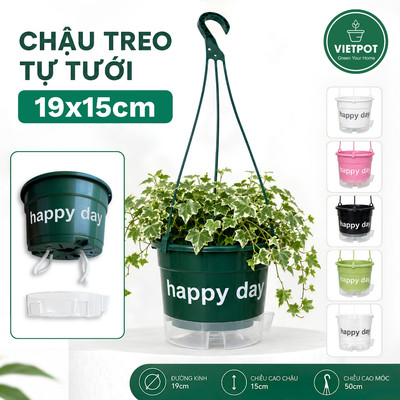 Chậu treo tự tưới Happy Day, size 19x15cm, VIETPOT, cho cây cảnh, thông minh decor ban công sân vườn