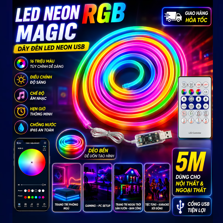 Đèn led neon Flex Argb nháy đuổi 16 triệu màu, đèn led trang trí phòng ngủ, bàn làm việc IP 67