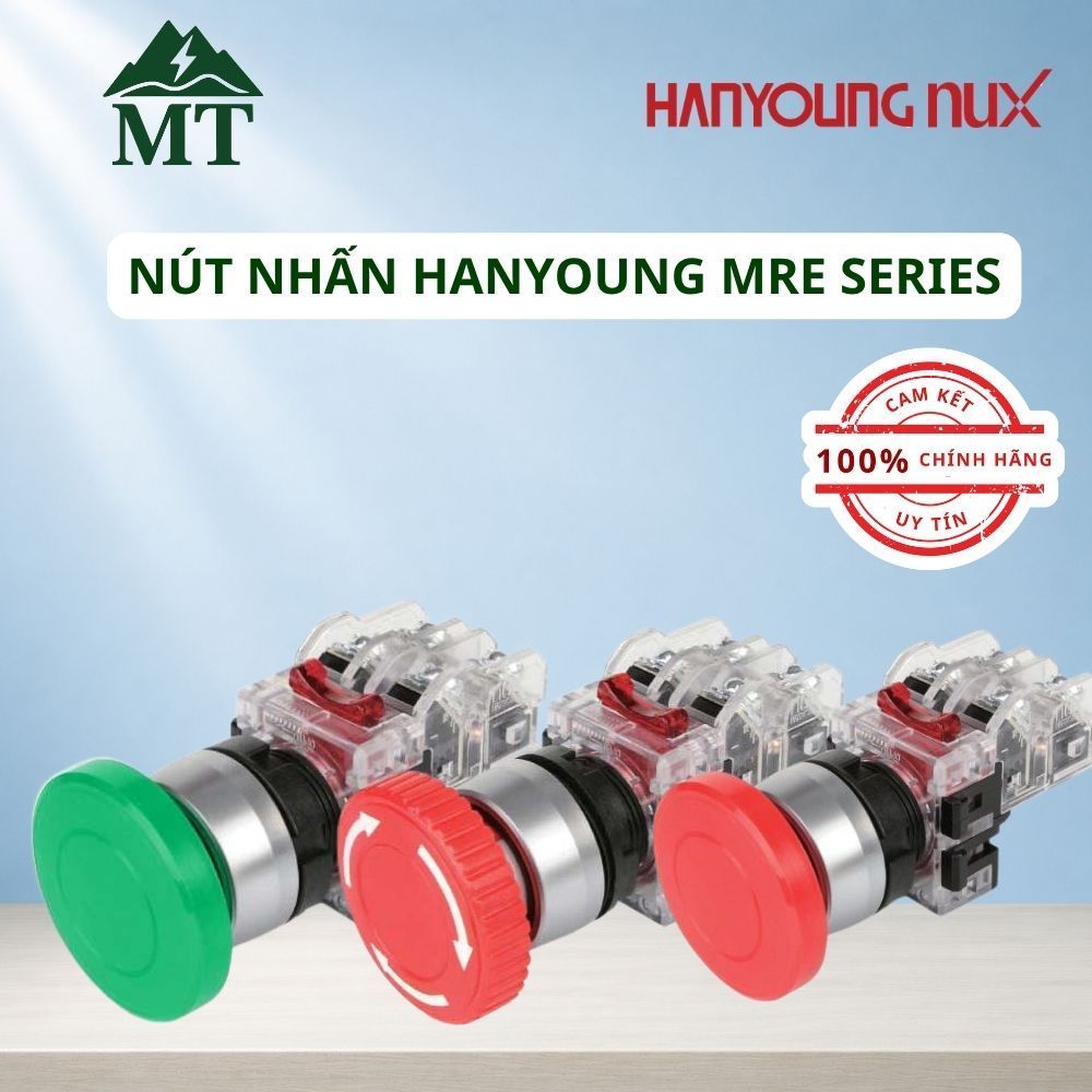 Nút nhấn Hanyoung MRE-RR1R và MRE-RM1R và MRE-RM1G loại  nhấn khẩn, nhấn dù màu đỏ, nhấn dù màu xanh