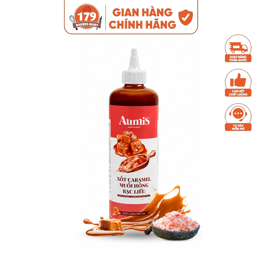 Xốt Caramel Muối Hồng Aumis 640g – Xốt Caramel Béo Mặn Pha Chế Cà Phê, Latte, Trà Sữa, Làm Bánh