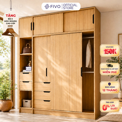 Tủ Gỗ Quần Áo Cửa Lùa Cao Cấp FC33 FIVO, Gỗ Dày 17mm, Kèm Hệ Kệ Trang Trí Sâu 60cm, Freeship+Free lắp đặt, Trả Góp 0%