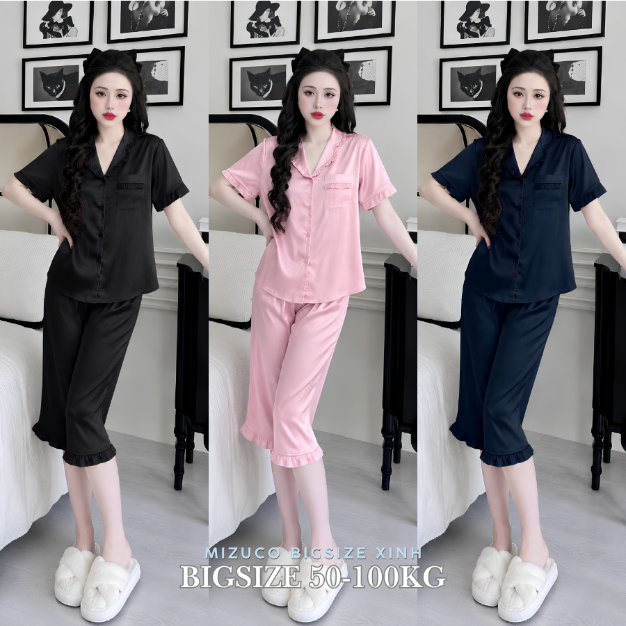 Bộ Đồ Mặc nhà Nữ Bigsize 50-100kg Pyjama Mizu Bigsize Xinh Đồ Mặc Nhà Tay Ngắn Quần Lửng Lụa Trơn Có