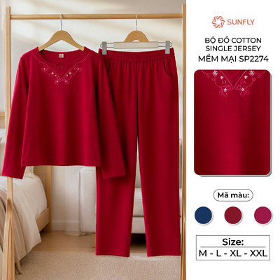 Bộ đồ trung niên thu đông áo dài quần dài cotton compact mềm mịn màu trơn SUNFLY SP2274