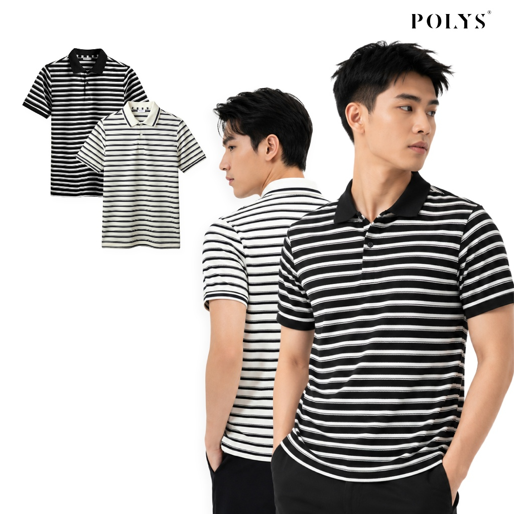Áo polo nam POLYS, áo thun Polo sọc vải dệt giãn 4 chiều, áo polo nam OLVEN
