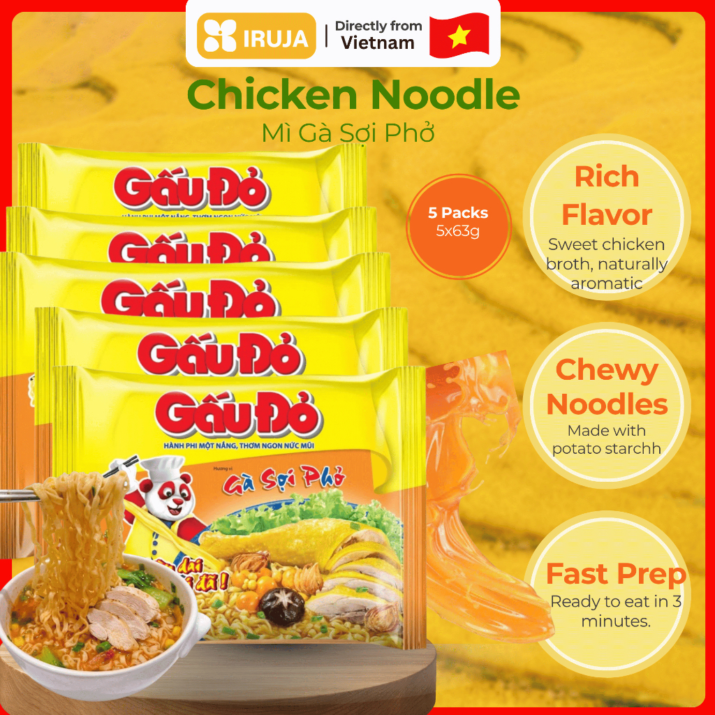 [IRUJA VIETNAM] MÌ GÀ SỢI PHỞ GẤU ĐỎ 63G (COMBO X5)
