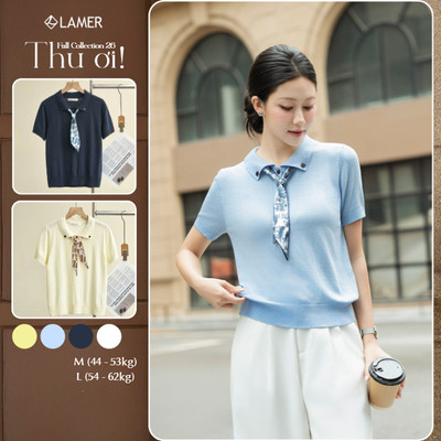 Áo Len Dệt Kim LAMER FASHION Bo Tay Cổ Bẻ Bổ Trụ Phối Khăn Rời Công Sở O61W26Q016