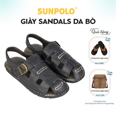 Sandals Nam Da Bò Cao Cấp Siêu Bền SUNPOLO SDA019, Đế Cao Su Chống Trơn Trượt Lâu Mòn Đế, Size Bự 44 45