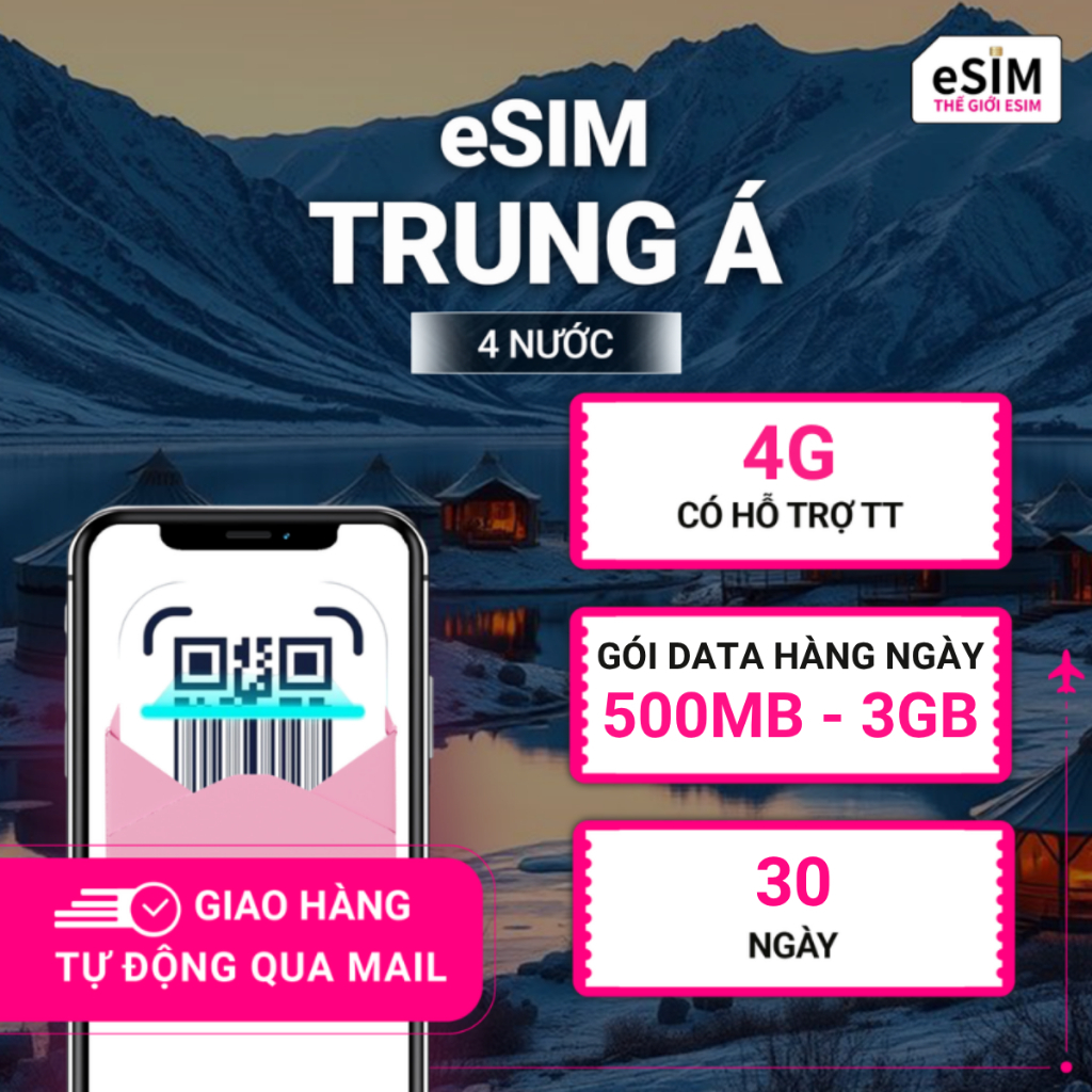 eSIM Kazakhstan, Uzbekistan, Kyrgyzstan, Pakistan, Gói Data hàng ngày 500MB - 3GB, 30 ngày