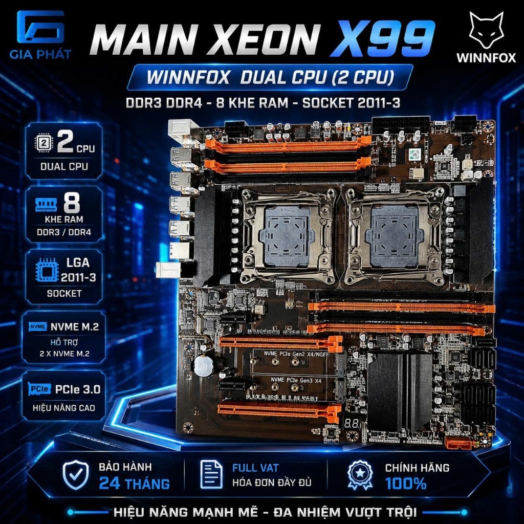 Main Xeon X99 Winnfox Dual CPU (2 CPU) DDR3 DDR4 - 8 khe ram D3 D4 socket 2011-3 chính hãng Full Vat