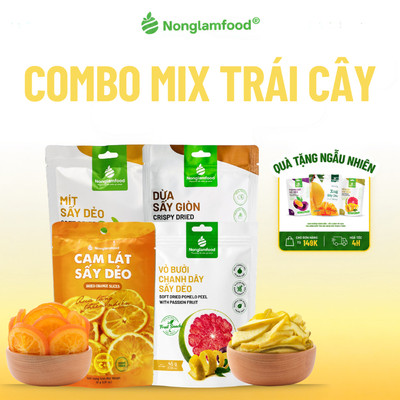 Combo Trái Cây Sấy Dẻo Mix 4 Loại NONGLAMFOOD Túi 45g (Mít, Cam Lát, Dừa Giòn, Vỏ Bưởi Chanh Dây)