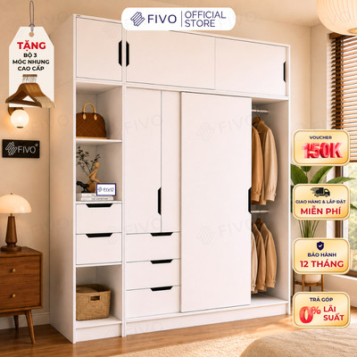 Tủ Gỗ Quần Áo Cửa Lùa Cao Cấp FC33 FIVO, Gỗ Dày 17mm, Kèm Hệ Kệ Trang Trí Sâu 60cm, Freeship+Free lắp đặt, Trả Góp 0%