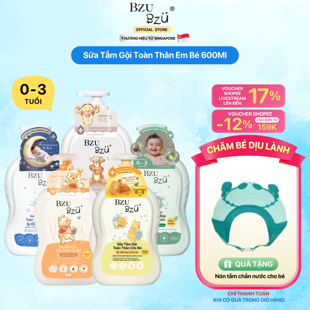 Sữa Tắm Gội Toàn Thân Em Bé BZU BZU Baby Head to Toe Wash 5 Mùi Hương Làm Sạch Dịu Nhẹ 600ml