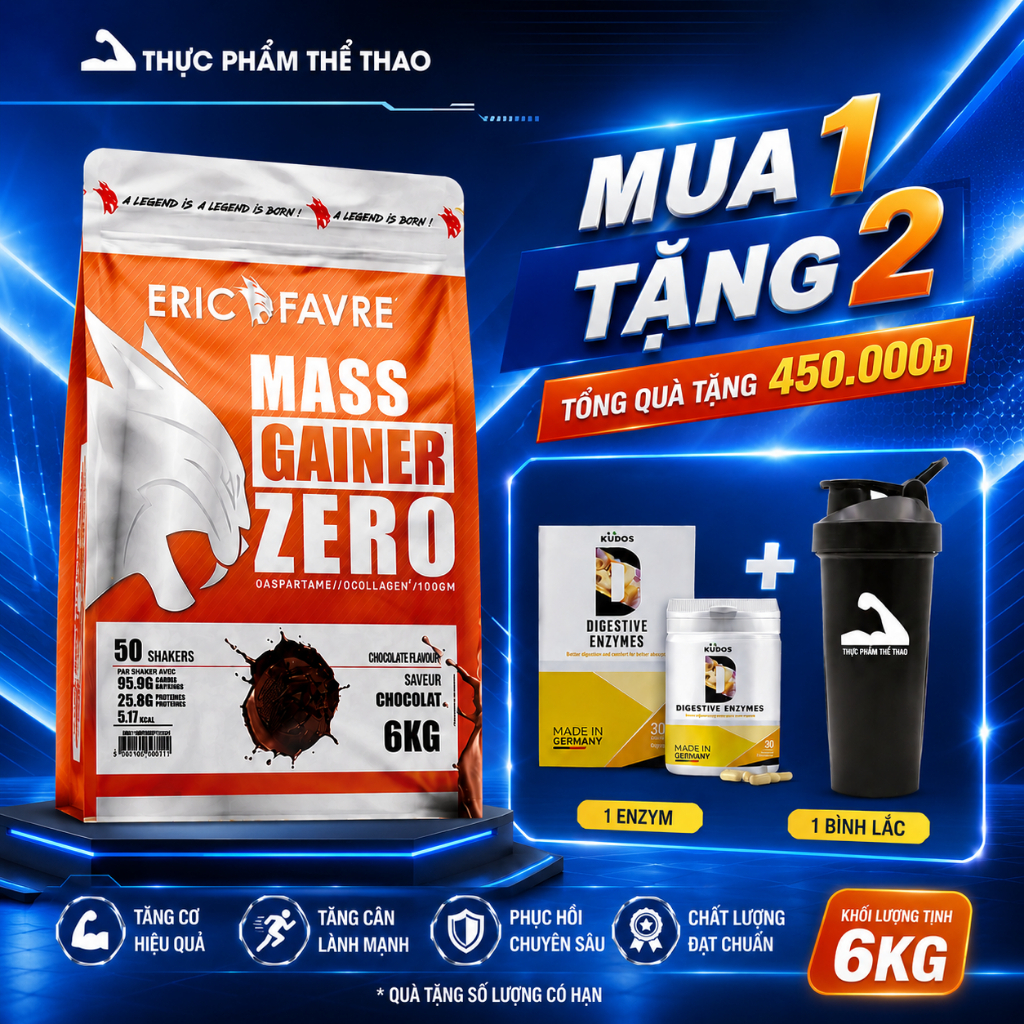 Sữa Tăng Cân Mass Gainer Zero 6Kg - Thương Hiệu Eric Favre - Tặng Hộp Enzym 30 viên & Bình Lắc
