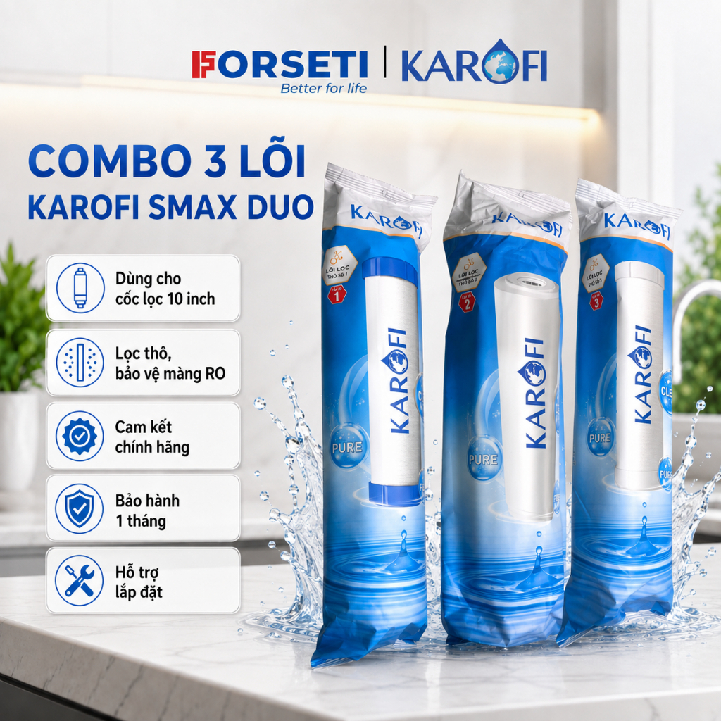 Bộ 3 Lõi Lọc Karofi SMAX DUO 123 Chính Hãng – Dùng Cho Máy Lọc Nước RO 3 Cốc Lọc 10 Inch