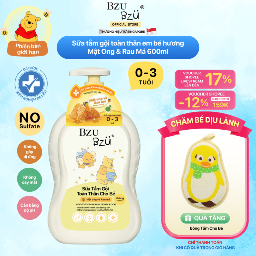 Sữa Tắm Gội Toàn Thân Em Bé Hương Mật Ong Và Rau Má BZU BZU Head to Toe Wash Dịu Nhẹ 600ml