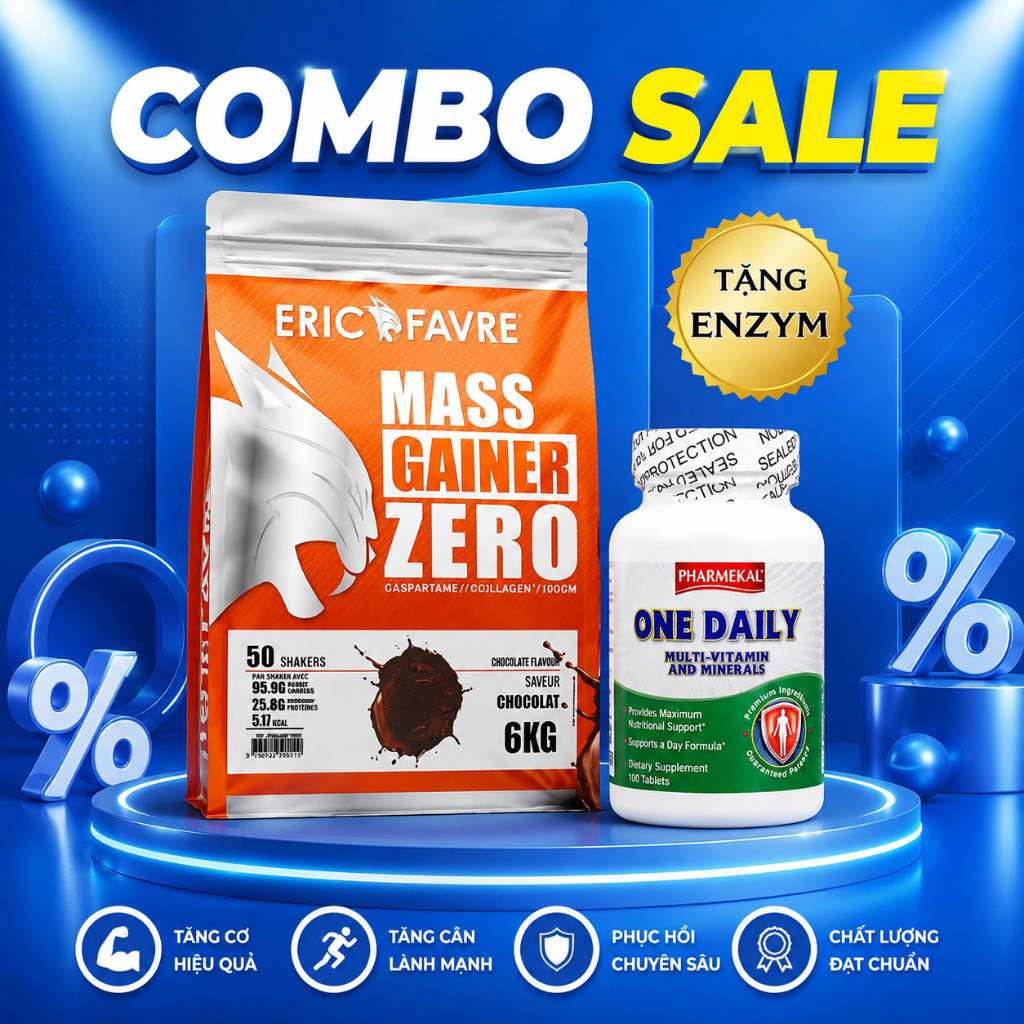 Combo Sữa MASS GAINER ZERO 6Kg + Multi Vitamine 90 Viên - Eric Farve (SX tại Pháp) - Tặng Enzym + BL