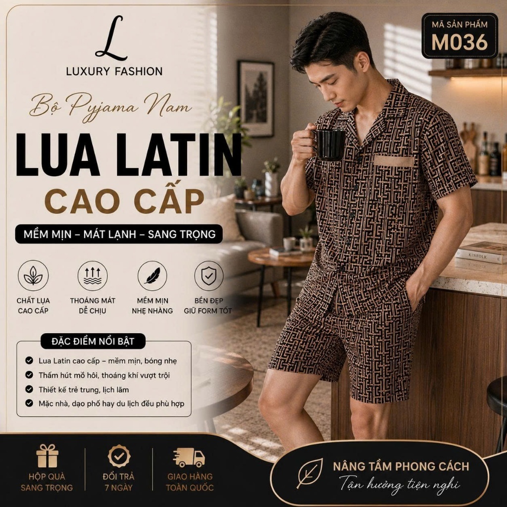 Bộ Pijama Nam LUXURY FASHION lụa Latin cao cấp tay ngắn mềm mát mặc nhà mặc ngủ thoải mái - Màu trắn