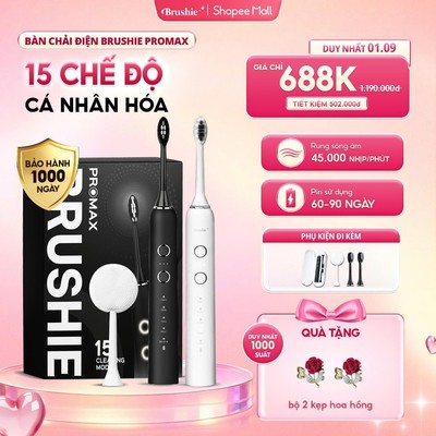 [GIÁ 688K LIVE SHOP] Bàn chải điện Brushie Promax 15 chế độ làm sạch sâu cho răng nhạy cảm, êm dịu KOL, KOC