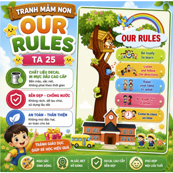 Tranh decan Trường Học - Tranh trang trí phòng Tiếng Anh - Nội quy lớp học Tiếng Anh  - TA 25
