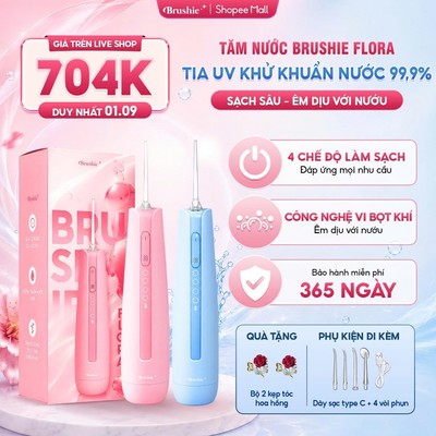 [GIÁ 704K LIVE SHOP] Tăm nước BRUSHIE FLORA tích hợp tia UV khử khuẩn nước, 4 chế độ làm sạch cho người niềng răng, LIS