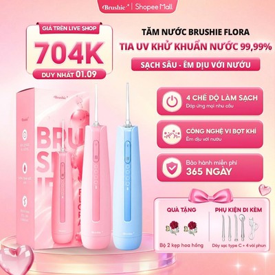 [GIÁ 704K LIVE SHOP] Máy tăm nước Brushie Flora công nghệ vi bọt khí, 4 chế độ làm sạch phù hợp răng niềng, KOL